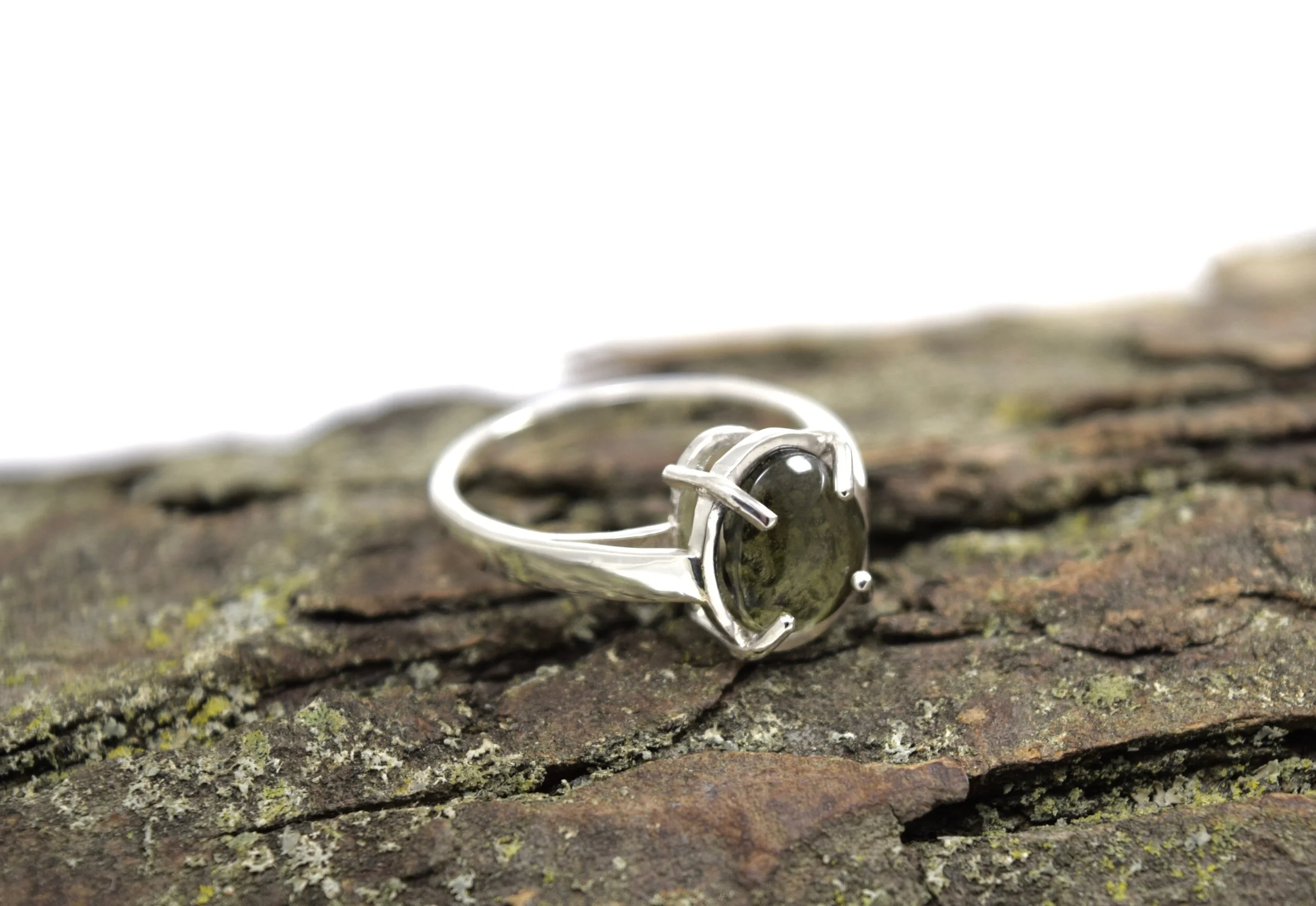 Small top moldavite ring